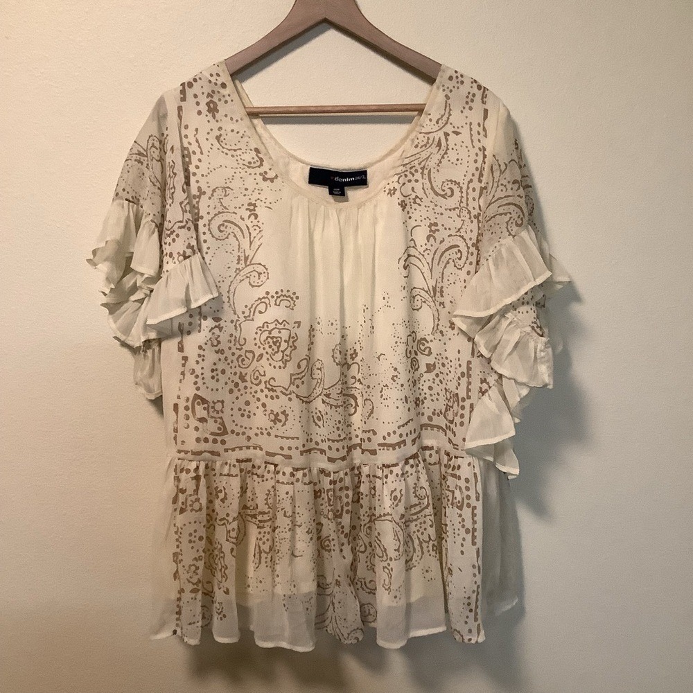 Denim 24/7 Women's Cream Paisley Print Ruffle Sleeve‎ Tunic Top Plus Size 20W